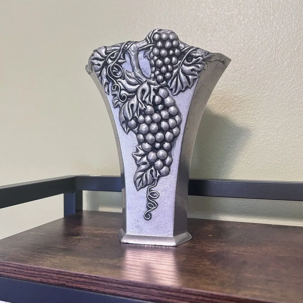 Silver Tone Metal Textured Heavy Fan Shaped Vase Vineyard Grape Pattern, 8”